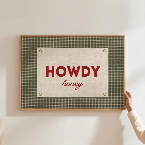 Howdy Typography Vintage Gingham Poster, Western Decor