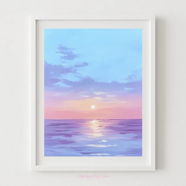 Ocean Sunset Art, Pastel Sky Watercolor Poster