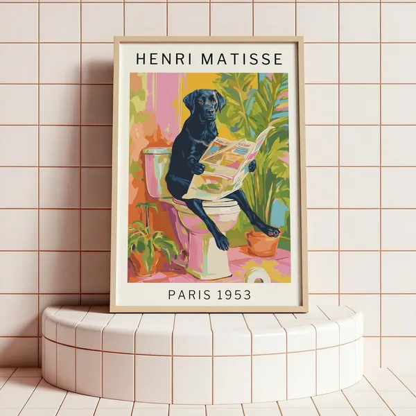 Black Labrador Bathroom Poster, Matisse-Inspired Art Print