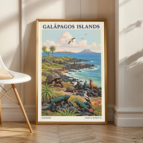 Galapagos Islands Wildlife Vintage Gouache Travel Poster