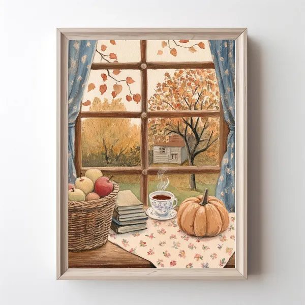 Cozy Autumn Window Art Print, Rustic Pumpkin Farmhouse