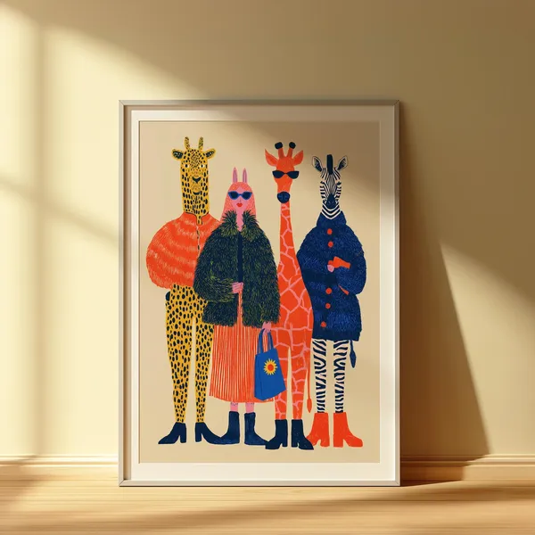 Whimsical Animal Fashion Art Print, Mid-Century Modern