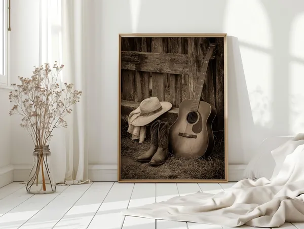 Sepia Cowboy Western Country Music Guitar Art Print