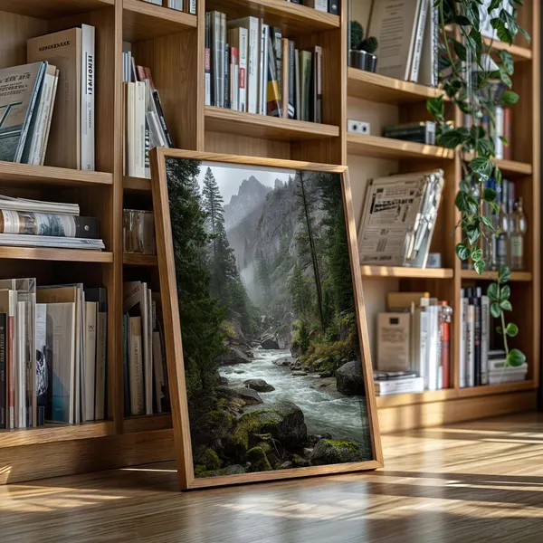 Mountain River Art Print, Misty Forest Landscape