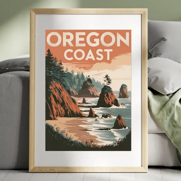 Oregon Coast Vintage Travel Poster Wall Art Retro Instant