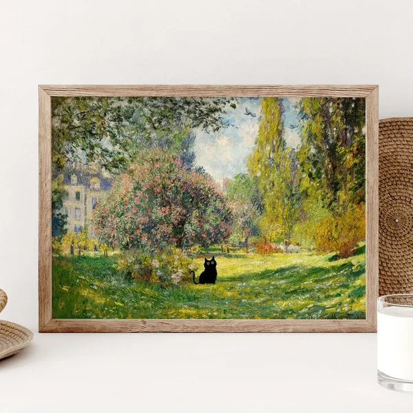 Black Cat Garden, Monet-Inspired Art Print