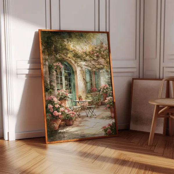 French Courtyard Garden Art Print, Rustic Patio Scene