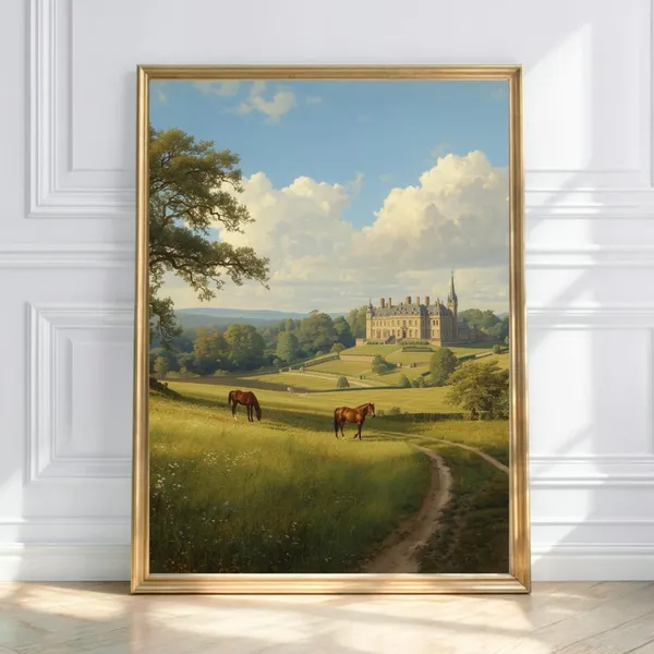 Castle Meadow Horses in Sunlit Pasture Art Print
