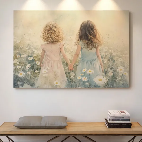 Whimsical Watercolor Girls Holding Hands, Daisy Field