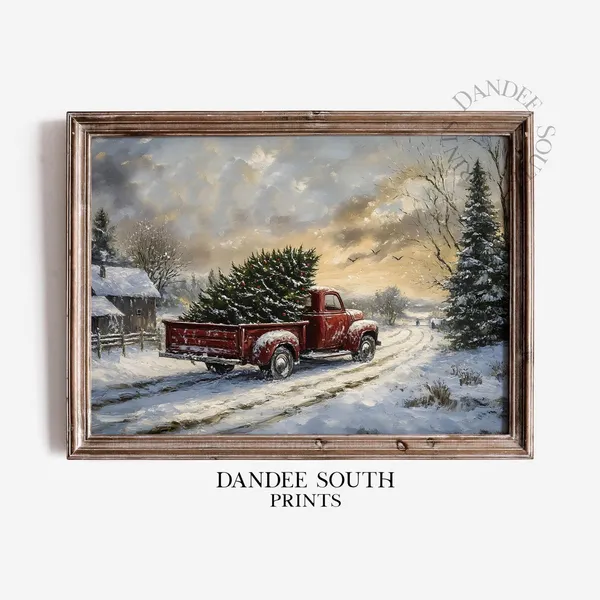 Vintage Red Truck Christmas Snowy Landscape Art Print