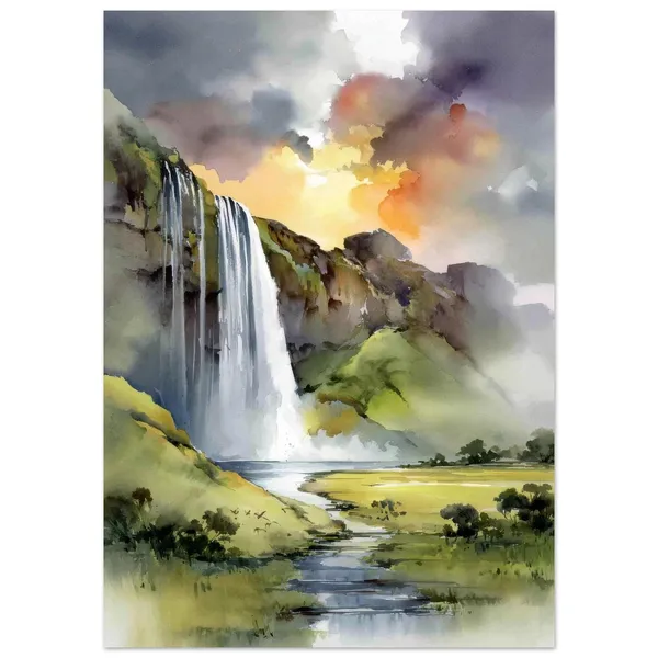 Seljalandsfoss Watercolor Art Print, Nordic Landscape