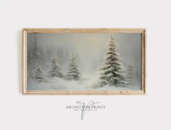 Vintage Winter Landscape Art Print, Holiday Trees