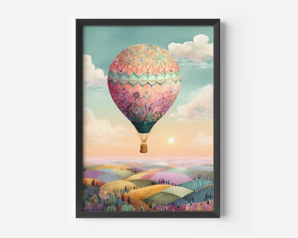 Vintage Hot Air Balloon Scandinavian Landscape Art Print