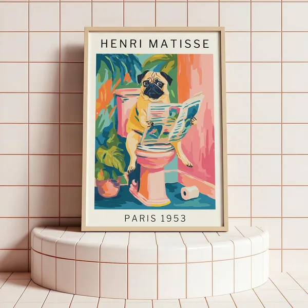 Pug Bathroom Poster, Matisse-Inspired Funny Wall Art