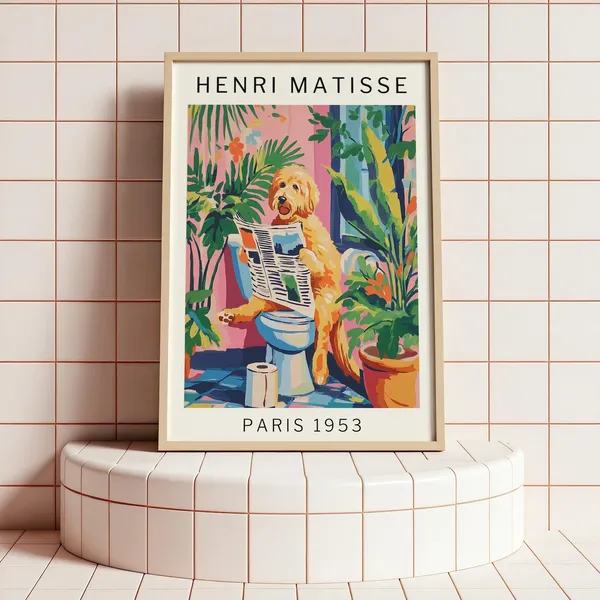 Quirky Dog Bathroom Wall Poster, Matisse-Inspired