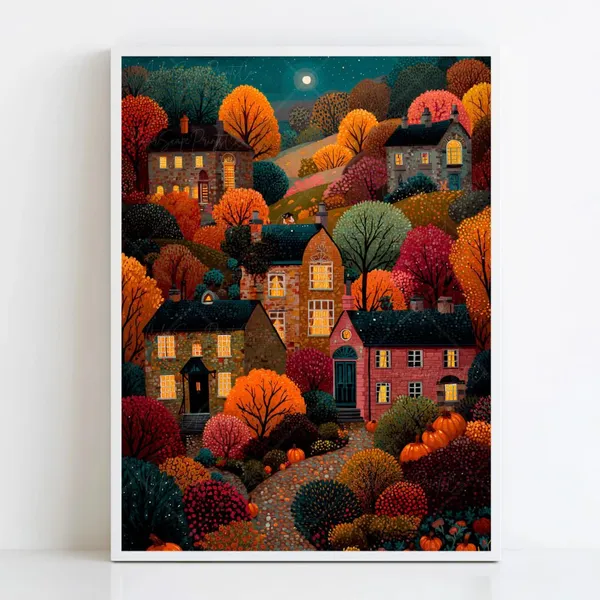 Fall Village Folk Art Print, Warm Autumn Houses