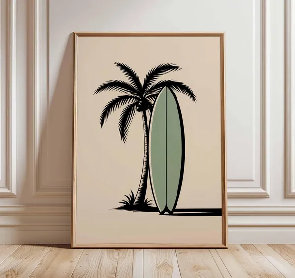 Surfboard Palm Tree Poster, Minimalist Tropical Beach