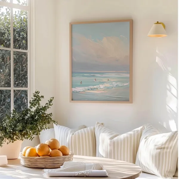 Ocean Surfers Art Print, Pastel Seascape