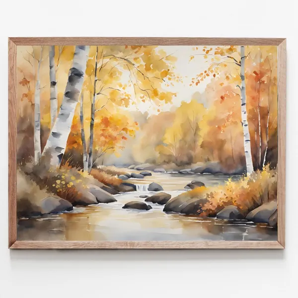 Fall Forest River Art Print, Autumn Watercolor