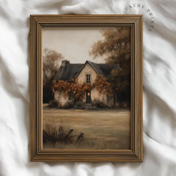 Fall Cottage Art Print, Vintage Farmhouse Style