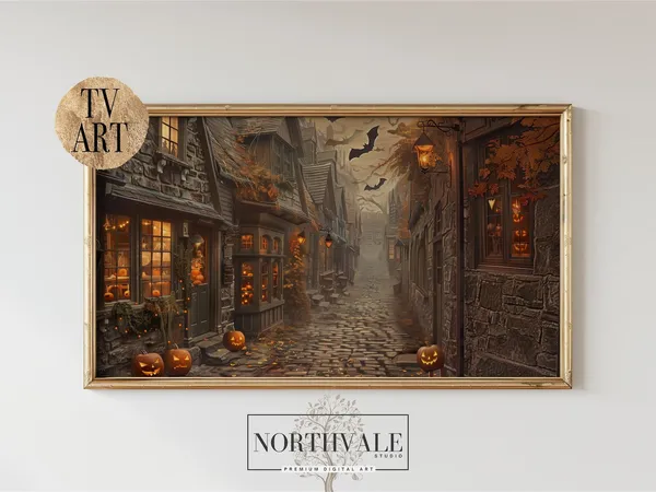 Vintage Cobblestone Alley, Rustic Autumn Night Art Print