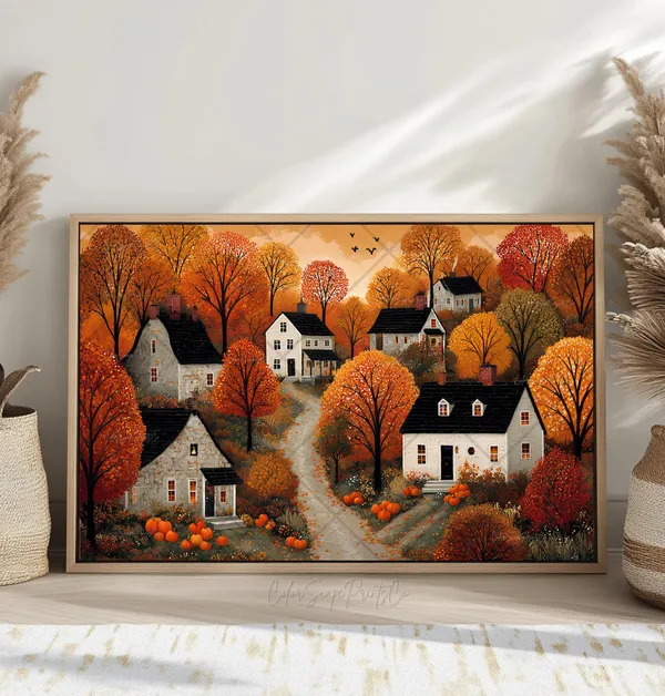 Fall Autumn Village Painting, Cozy House Art Print