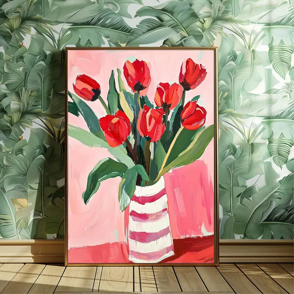 Red Tulips Gouache Painting, Vintage Floral Poster