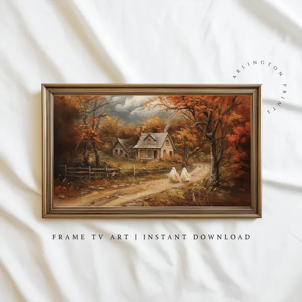 Cute Ghosts Halloween Scene Vintage Autumn Art Print