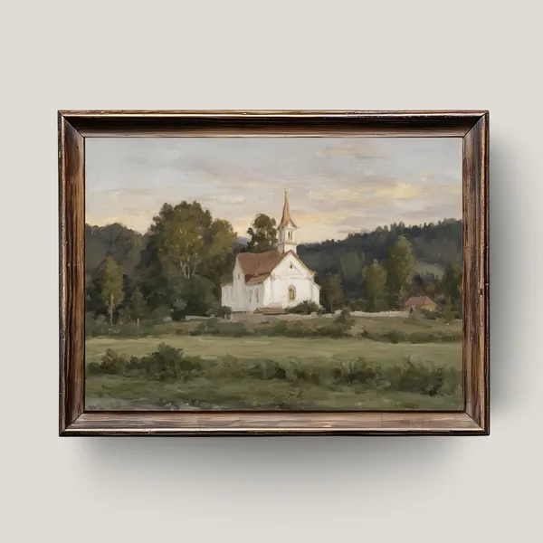 White Church Countryside Art Print, Rustic Chapel Faith