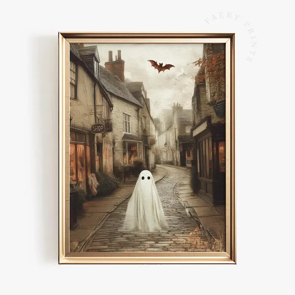 Halloween Haunted Town Vintage Oil Painting Art Print