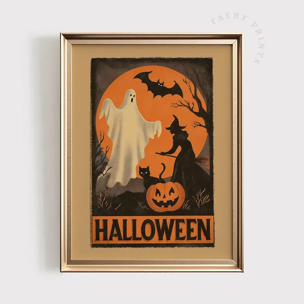 Vintage Halloween Witch Pumpkin Black Cat Poster