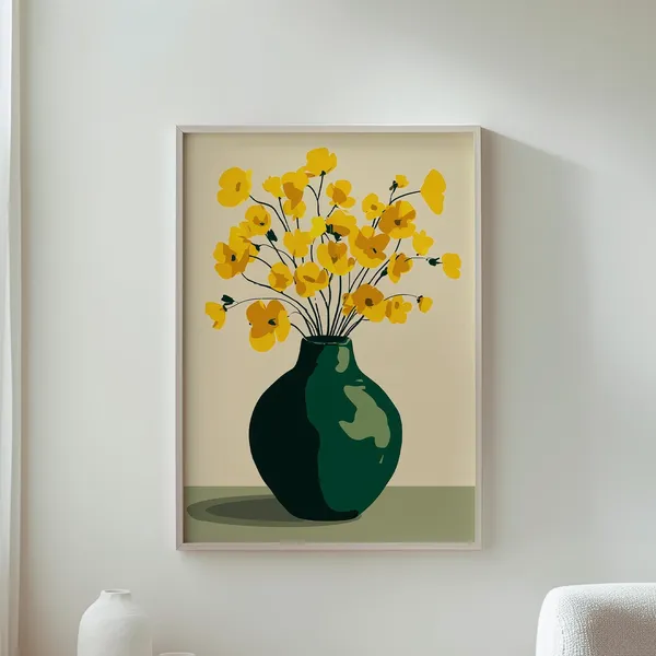 Yellow Bouquet in Dark Green Vase, Floral Art Print