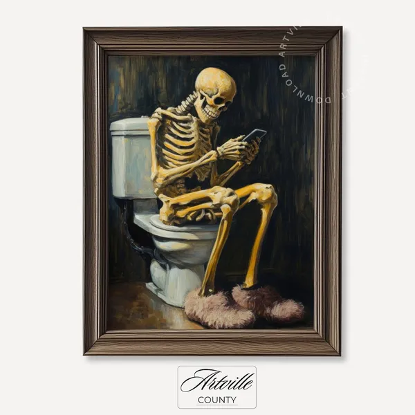 Skeleton On Toilet Funny Halloween Bathroom Art Print