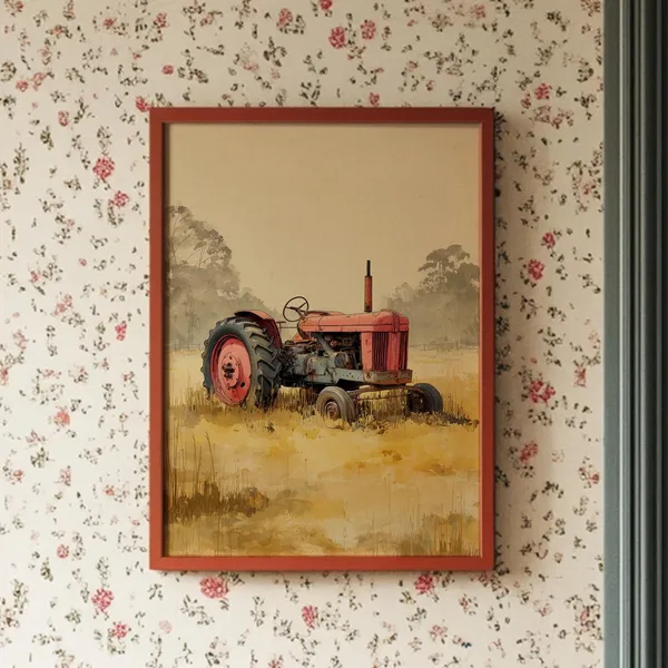 Rustic Red Tractor In Field Vintage Farmhouse Art