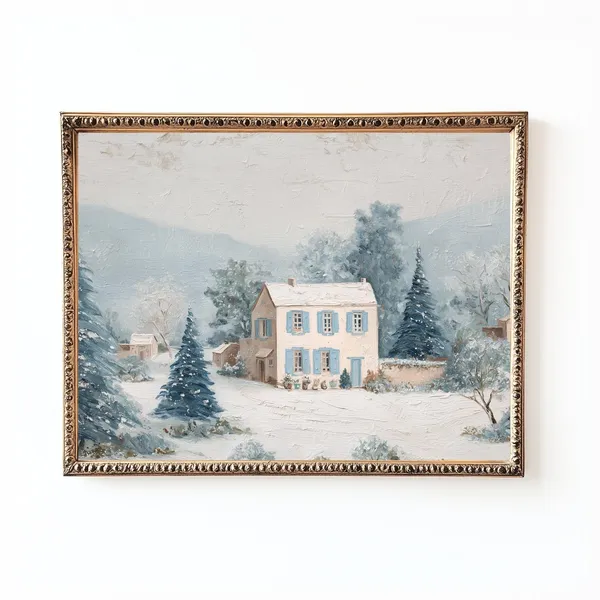 Winter Cottage Landscape, Vintage Art Print