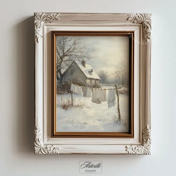 Winter Laundry Day Print, Vintage Country Landscape