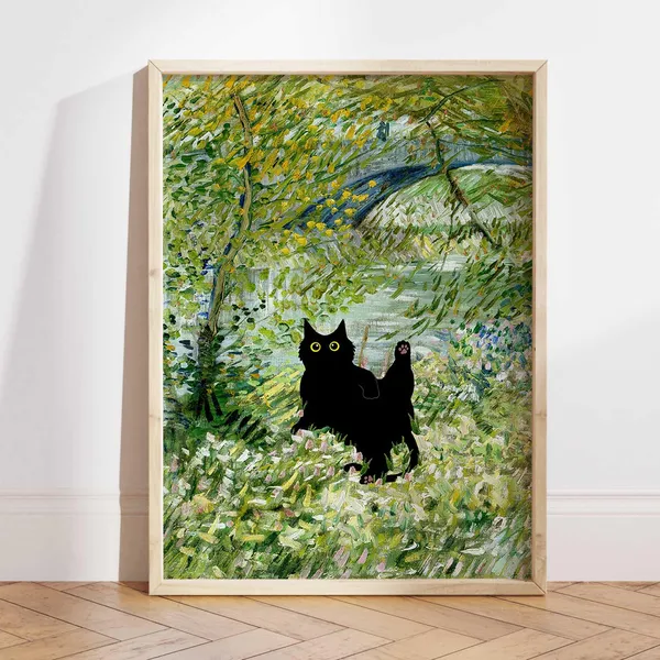 Black Cat Print, Van Gogh River Bank Springtime