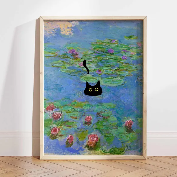 Monet Waterlily Cat Office Decor Poster Print