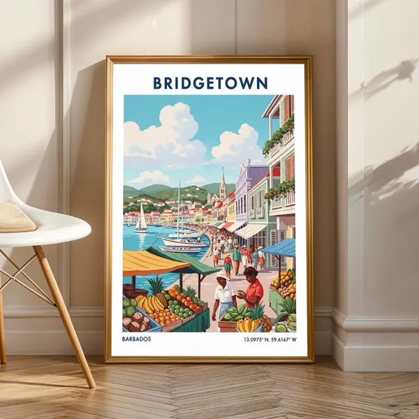 Bridgetown Waterfront Market Vintage Travel Poster
