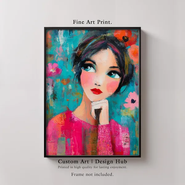 Whimsical Girl Portrait Art Print, Modern Floral Decor