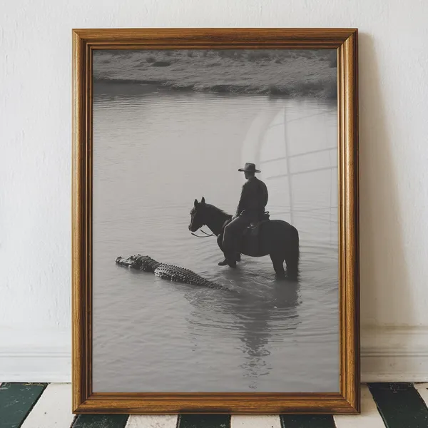 Vintage Cowboy Alligator Art Print, Western Decor