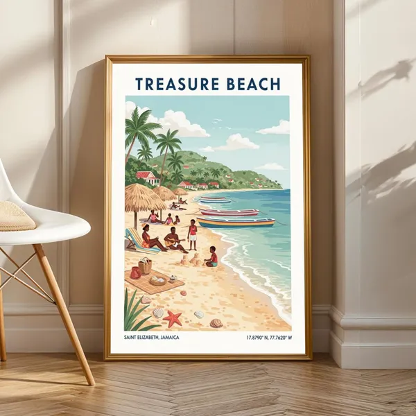 Treasure Beach Jamaica Travel Poster, Tropical Illustration