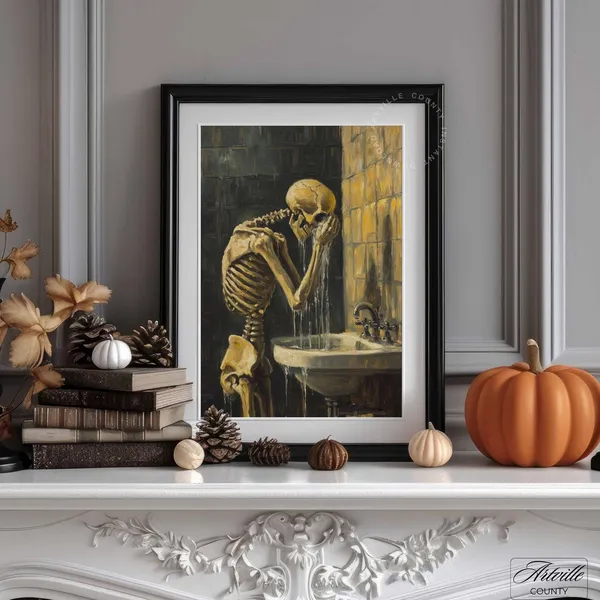 Skeleton Bathroom Art Print, Gothic Halloween Decor