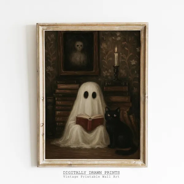 Vintage Halloween Black Cat Art Print, Dark Academia