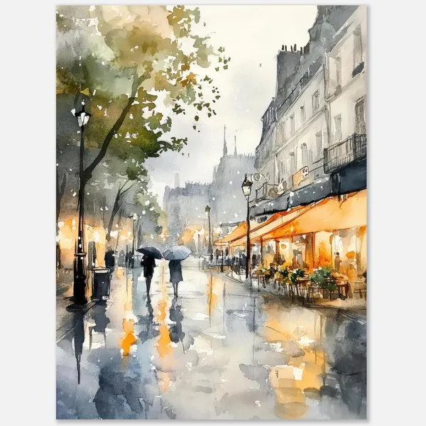Paris Rainy Street Watercolor Art Print