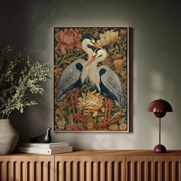 Elegant Crane Wall Art Pair of Herons, Floral Backdrop