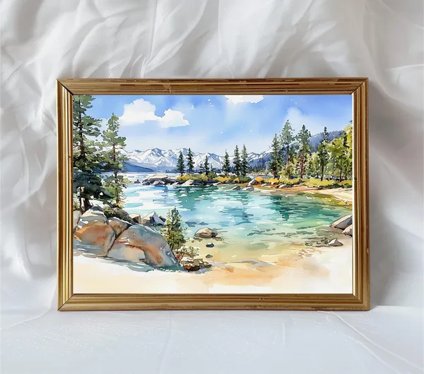 Lake Tahoe Watercolor Travel Poster, Sierra Nevada