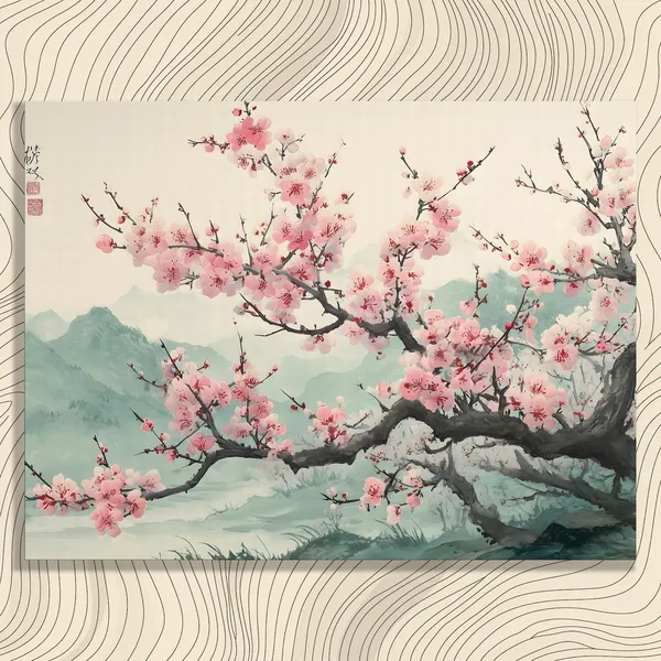 Chinese Cherry Blossom Poster, Oriental Floral Landscape