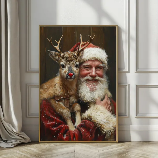 Santa and Rudolph Vintage Holiday Art Print