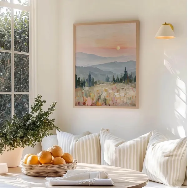 Sunset Landscape Art Print, Modern Abstract Mountains